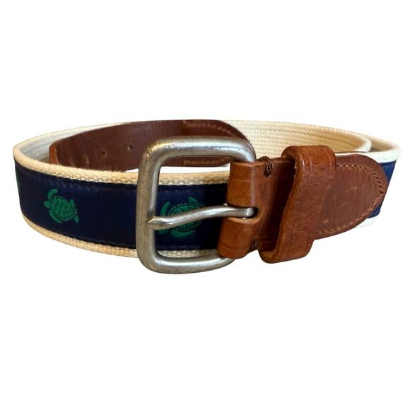 J Crew Canvas & Leather Trim Preppy Belt Turtle 34 - Picture 3 of 6